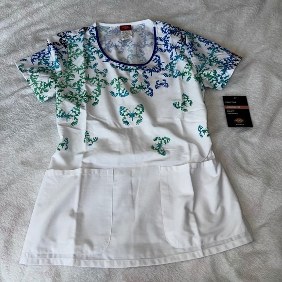 Dickies Tops - Dickies Women Butterfly Print Scrub Top White Blue Teal Junior Fit XS 82804B NWT